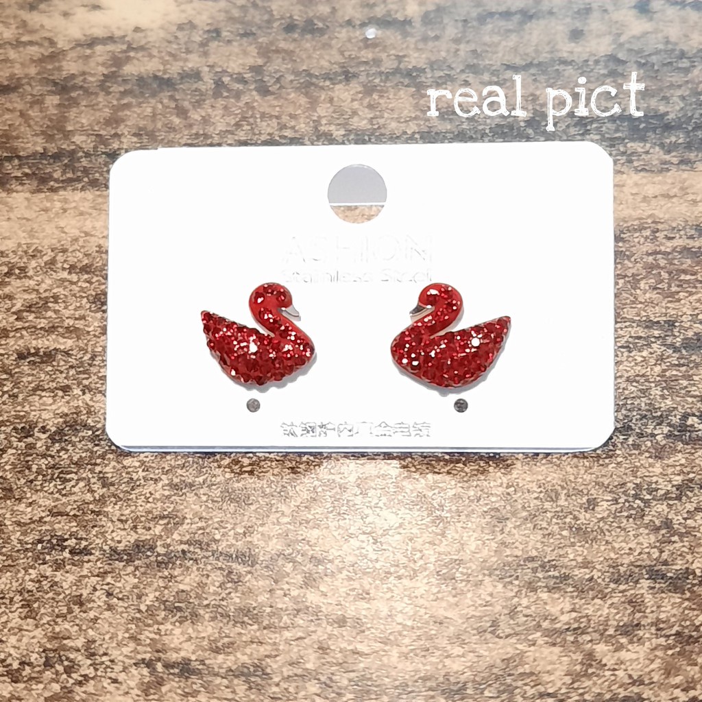 Anting Tusuk Titanium Swan Kristal Altifisial Putih Merah dan Hitam Rose Gold