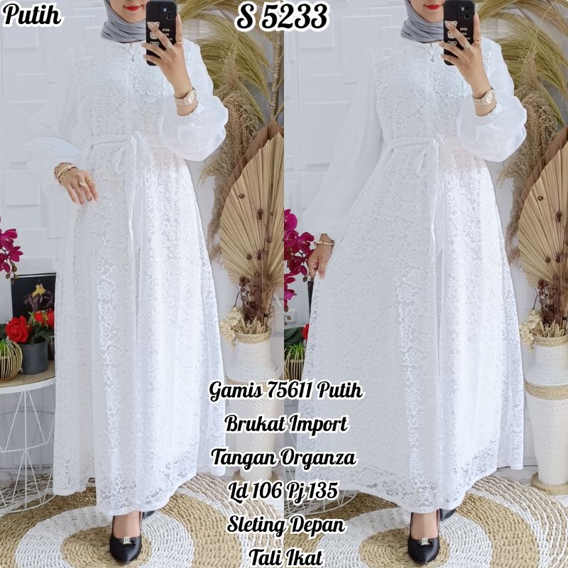 5233 #Gamis  Dress Brukat Tangan Organza Putih Polos