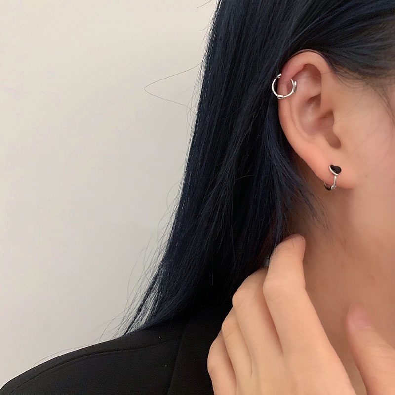 Roselife Keren Fashion S925 Perak Hitam Cinta Hati Anting Hoop Kecil Untuk Wanita Perempuan Korea Chic Geometris Bulat Anting-Anting Perhiasan 1pasang