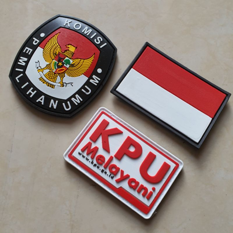 patch rubber satu set logo komisi pemilihan umum + kpu melayani + bendera indonesia / pemilu / tempelan emblem karet velcro