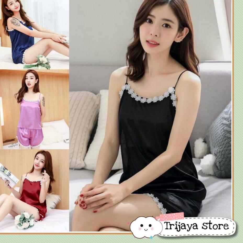 ➦  . setelan tank top satin import / set tank top renda / baju tidur hotpant renda set amora ★