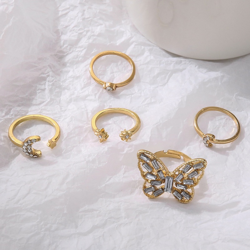 5pcs/set Gadis Canggih Tanggal Dekorasi Perhiasan Berkilau Kerawang Berlian Kupu-Kupu Cincin Bulan Berbintang Cincin Pesta Pembukaan Yang Dapat Disesuaikan Cincin Wanita