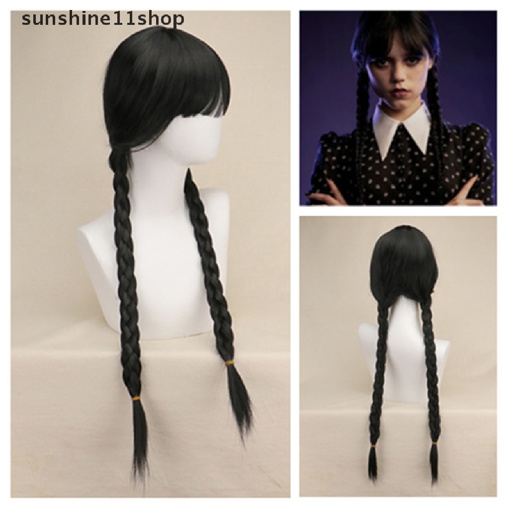 Sho Wednesday The Addams Family Cosplay Wig Rambut Kepang Hitam Panjang Dengan Poni Wig N