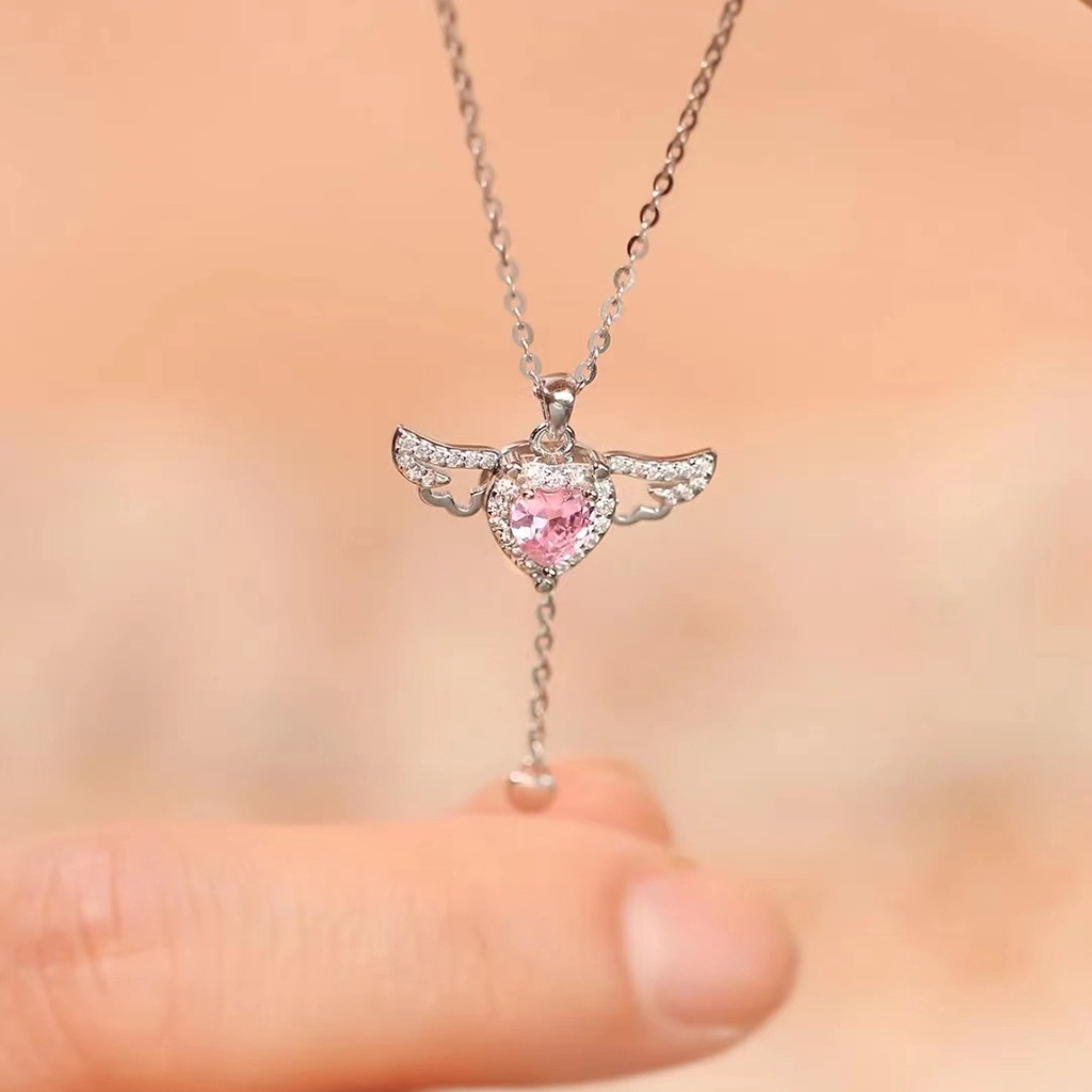 Pandora Kalung925 Perak Pink Cubic Zirconia Sayap Malaikat Cinta Hati Liontin Kalung Aksesoris Wanita Gadis Fashion Hadiah Perhiasan