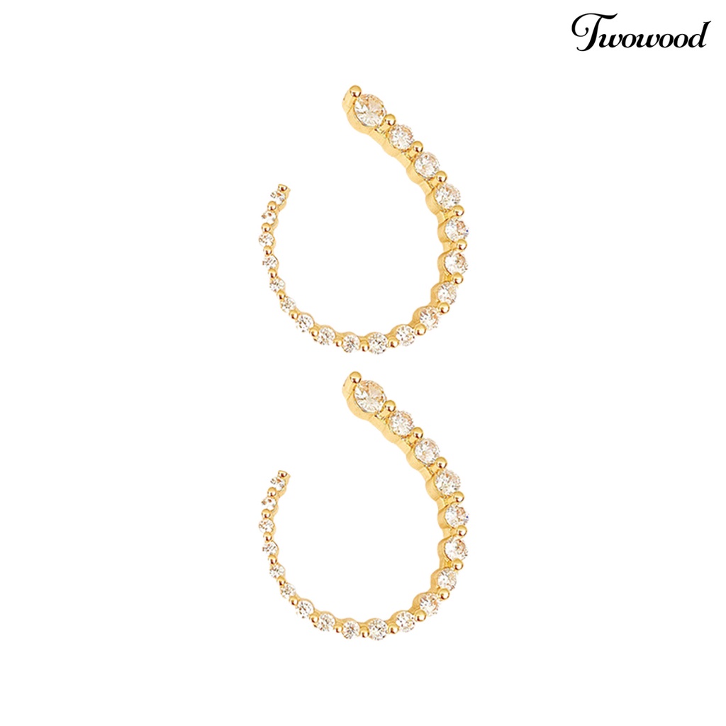 Twowood 1pasang Anting Pejantan Berbentuk C Geometris Minimalis Elegan Mewah Berkilau Berlian Imitasi Wanita Open Hoop Earrings Fashion Jewelry