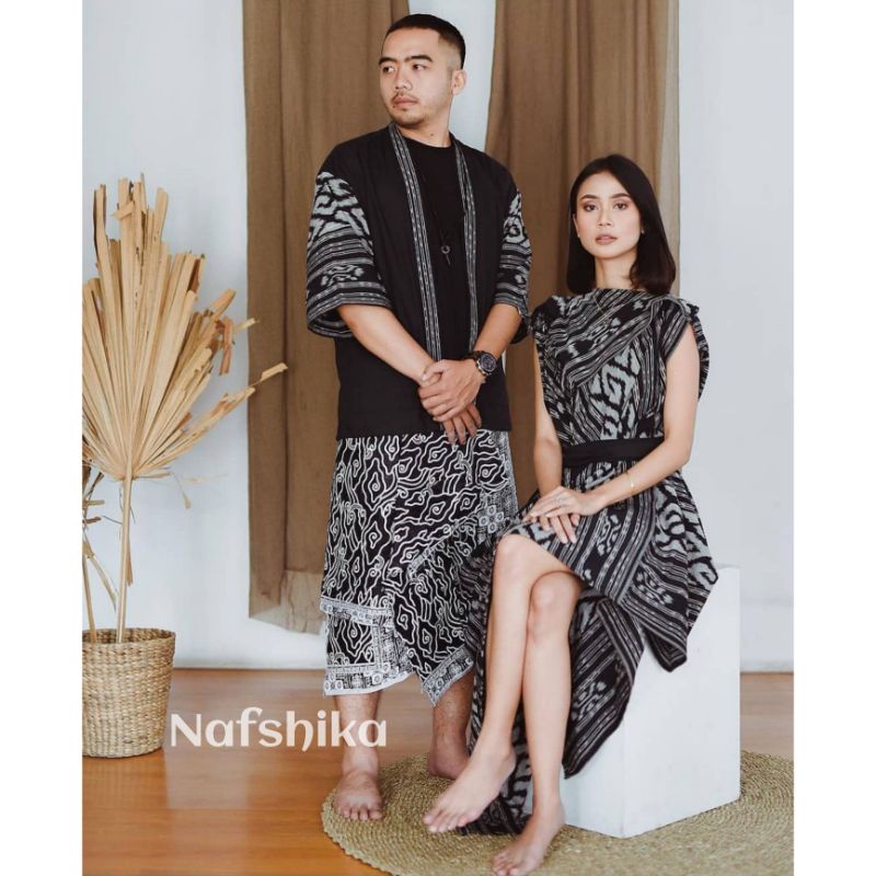 Couple Set - Baju Couple Tenun Pasangan Prewedding, Dress Wanita dan Kimono Pria Hitam