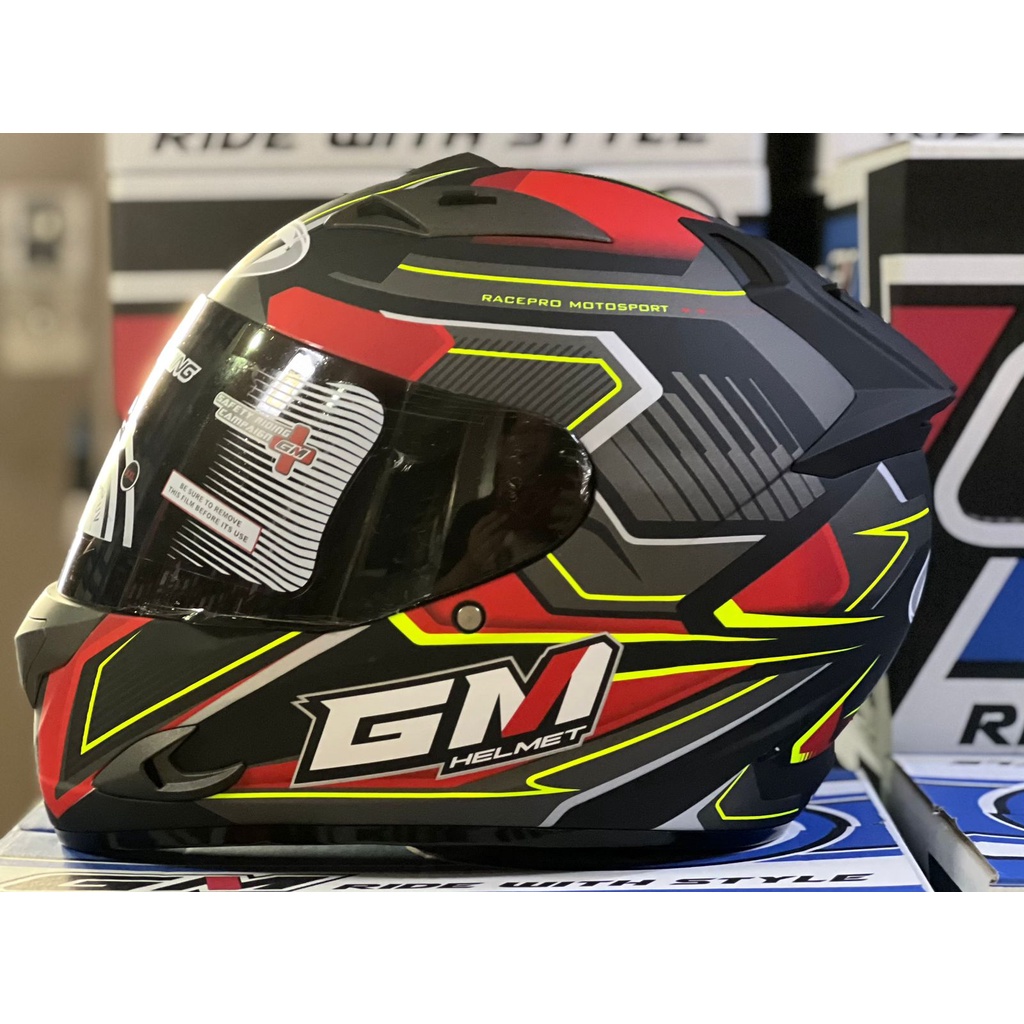 Helm GM Race Pro Tuner Black Red Doff Full Face Single Visor Smoke Helem Motor SNI Touring Dewasa Pr