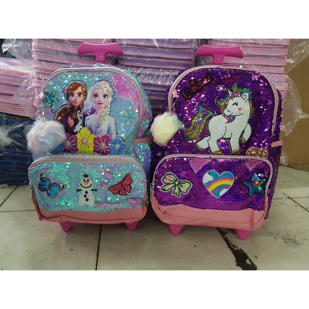 Tas Sekolah Troli Anak TK dan SD Motif Sequin Unicorn Tas Trolley Dorong Anak Sekolah Tas Koper Anak Perempuan Import