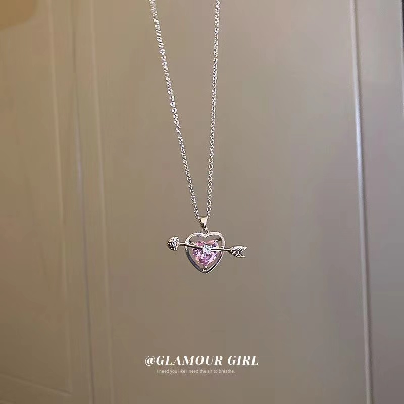 IFYOU Cupid Kalung Liontin Panahan Sweet Pink Crystal Silver Chain Choker Untuk Aksesoris Perhiasan Wanita