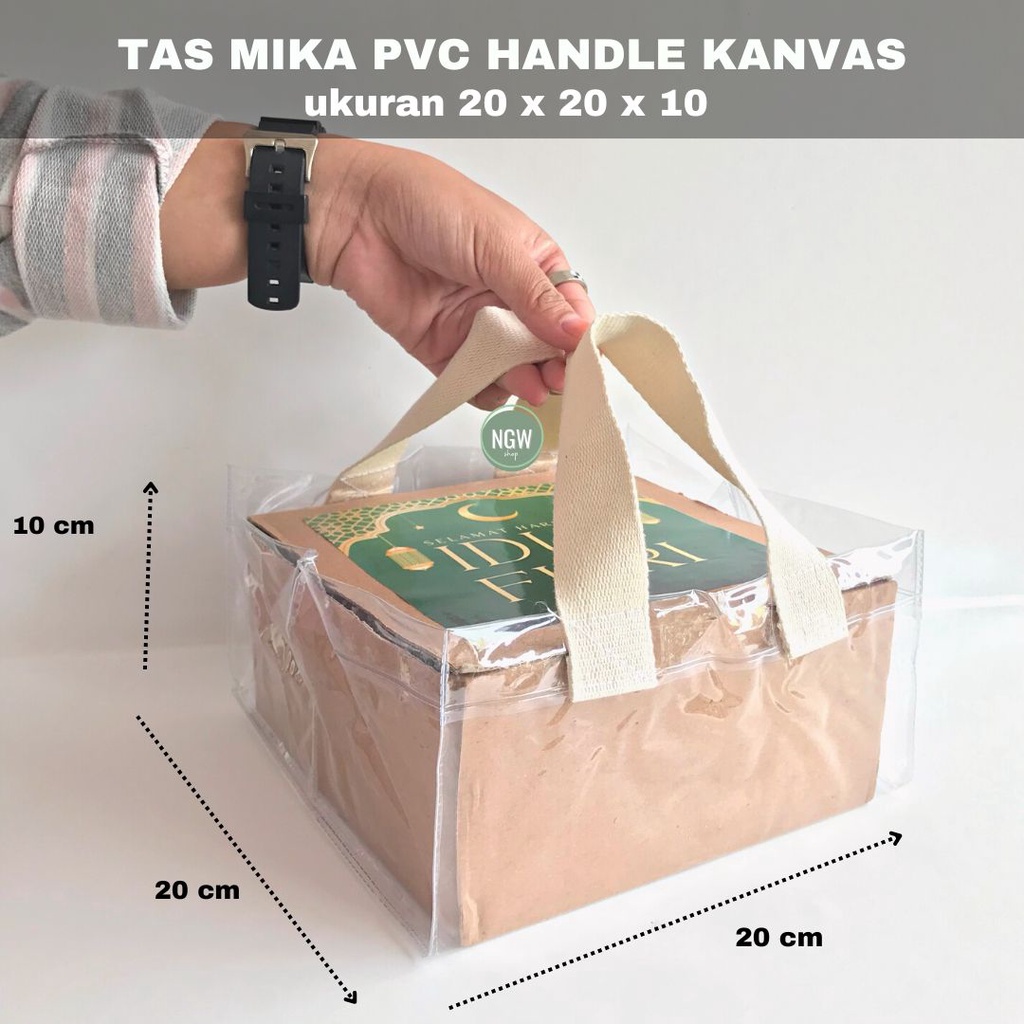 Tas PVC mika handle canvas kotak nasi 20x20x10 goodie bag hampers