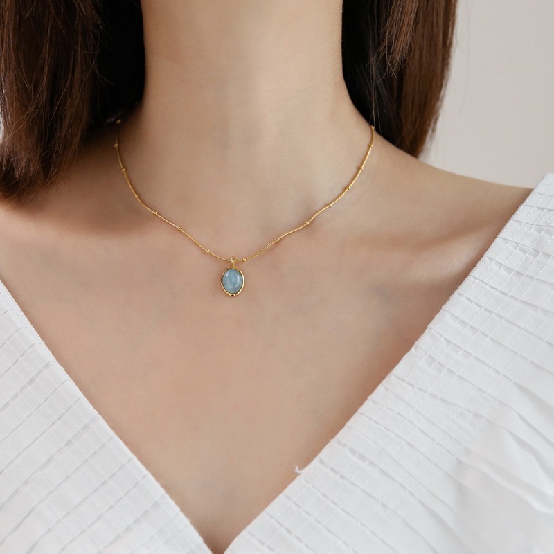 Kalung Rantai Klavikula Hias Kristal Aquamarine Gaya Korea Untuk Perempuan