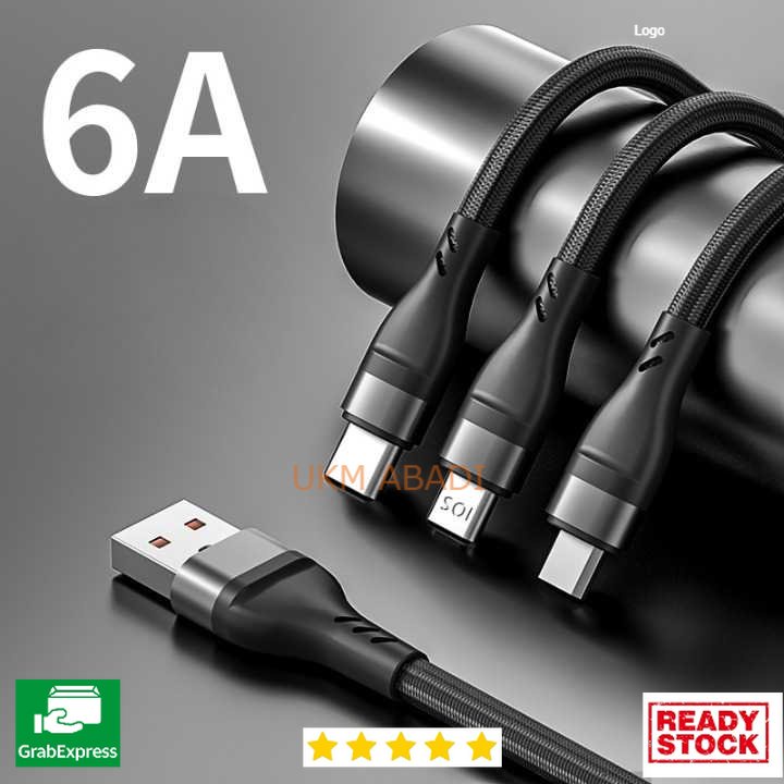 Kabel Charger 3in1 Micro Lightning Apel USB C 6 A Panjang 1.2 m OP142