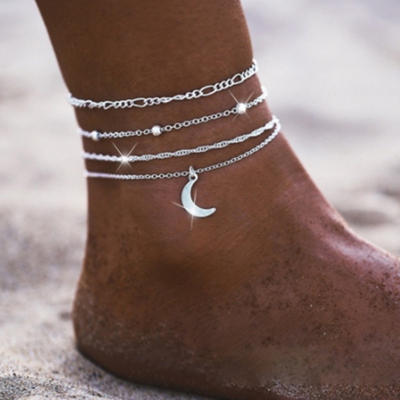 4pcs/set925 Sterling Silver Bulan Liontin Rantai Gelang Kaki Untuk Wanita Musim Panas Pantai Pesta Barefoot Sandal Kaki Gelang Kaki Perhiasan