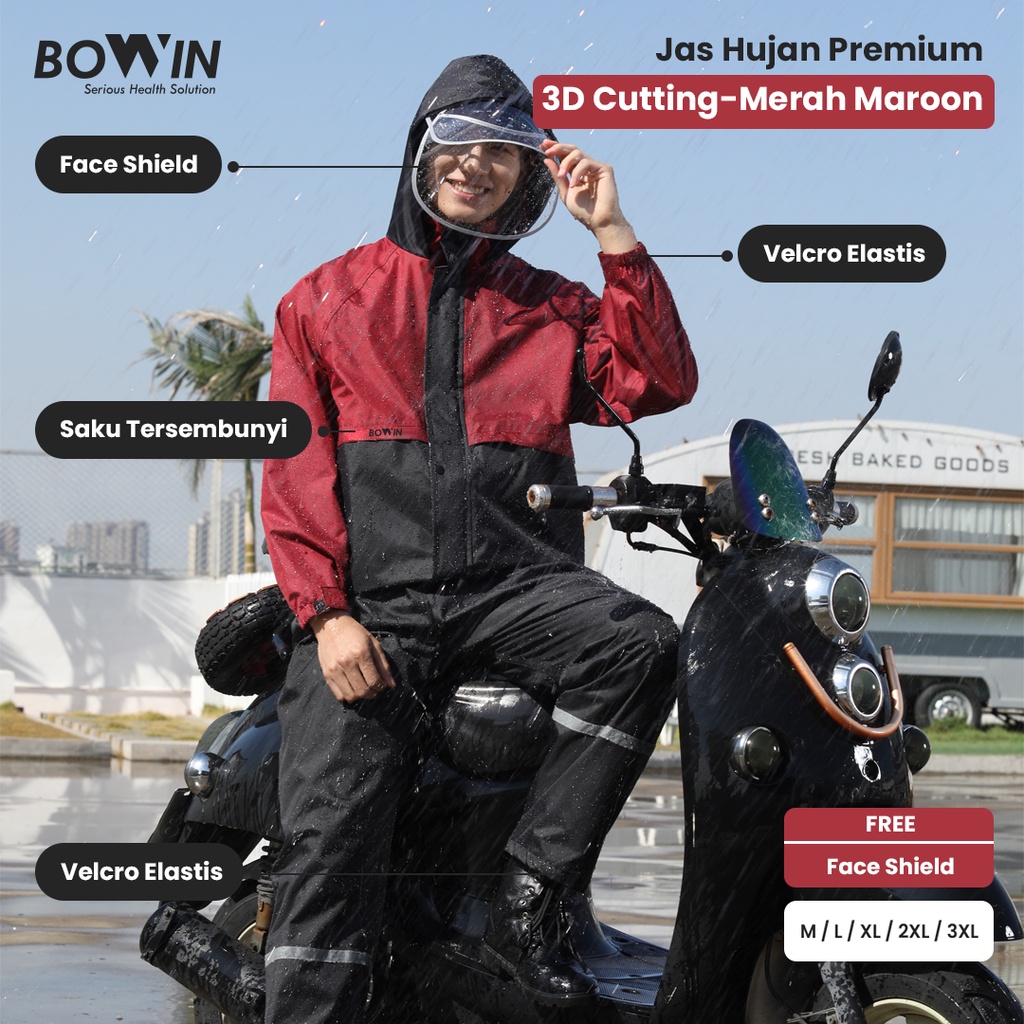 Bowin Jas Hujan Premium 3D Cutting - Anti Bakteri &amp; Windproof (Extra Face Shield &amp; Masker)