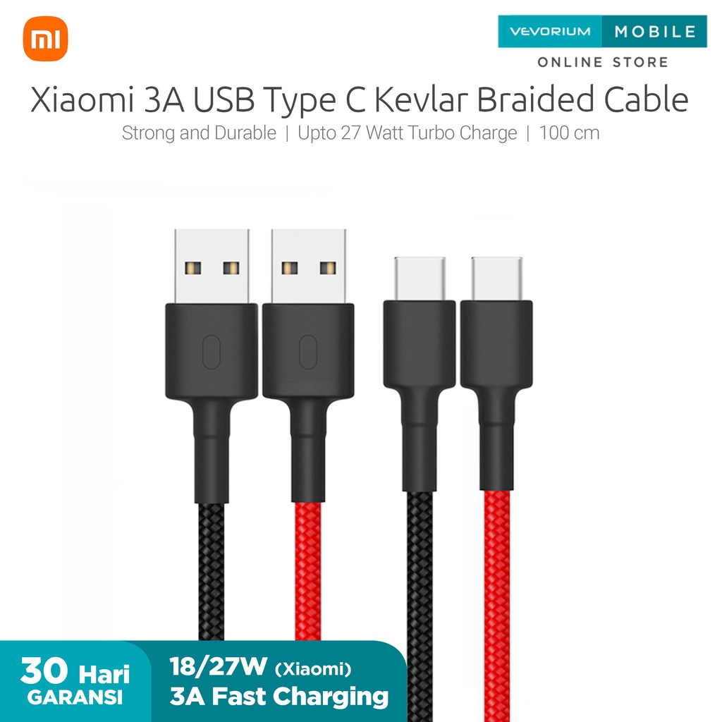 Xiaomi 3A 18W/27W 100cm Kabel Data Type C Kevlar Braided Fast Charging Data Cable Type-C Tipe C Original Ori