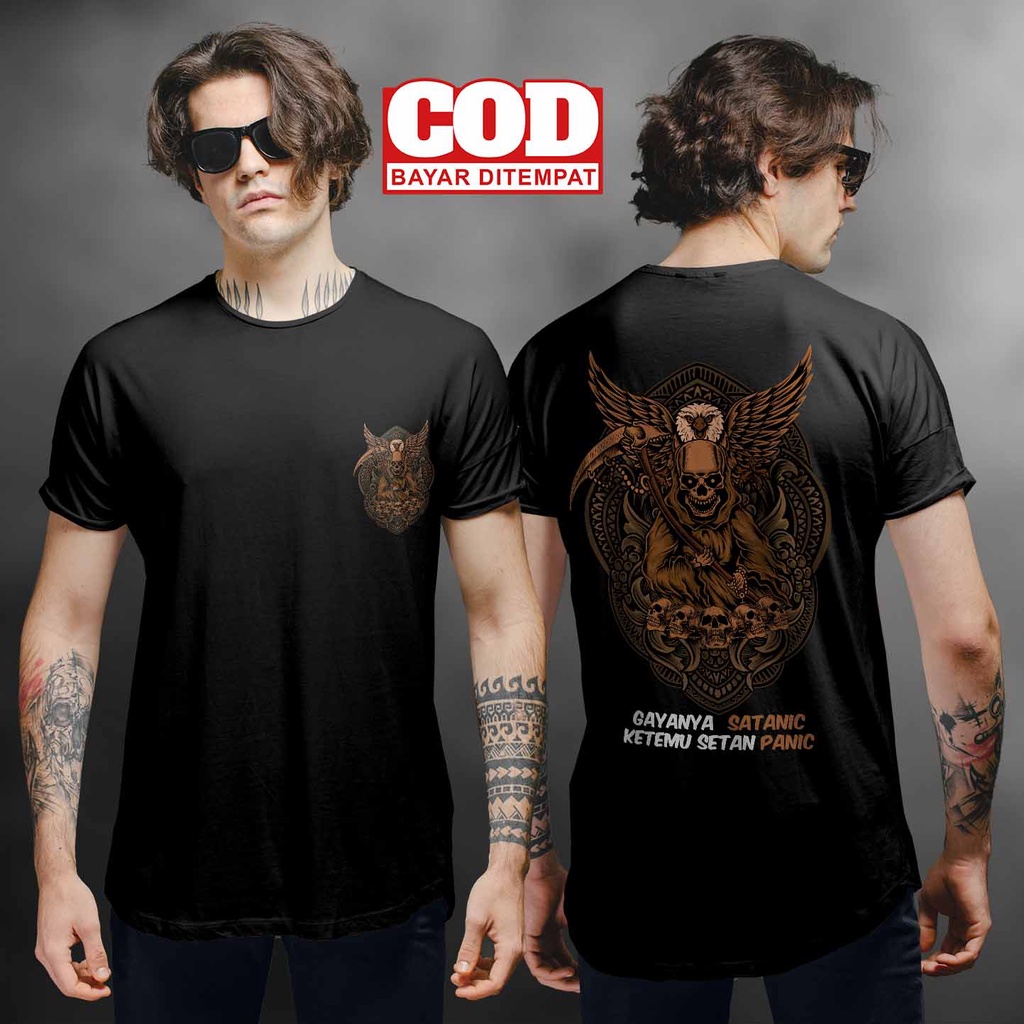KAOS PRIA | KAOS DISTRO SATANIC DEPAN BELAKANG | GAYANYA MAH SATANIC GILIRAN KETEMU SETAN MALAH PANI