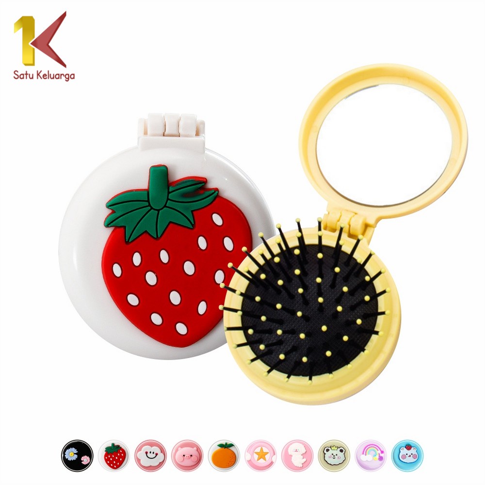 Satu Keluarga Cermin Sisir Bulat Lipat C767 Kaca Sisir Compact Gaya Korea 2IN1 Anti Kusut Motif Kara