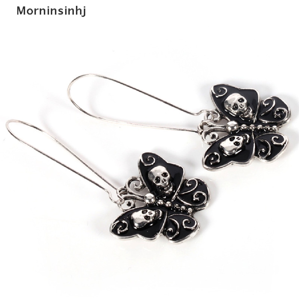 Mornin Wanita Retro Punk Gothic Fashion Perhiasan Kupu-Kupu Tengkorak Telinga Menjuntai Anting Panjang id