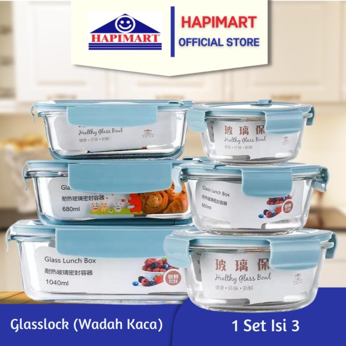 GLASSLOCK WADAH PENYIMPANAN MAKANAN KACA 3 IN 1 NON SEKAT KEDAP UDARA
