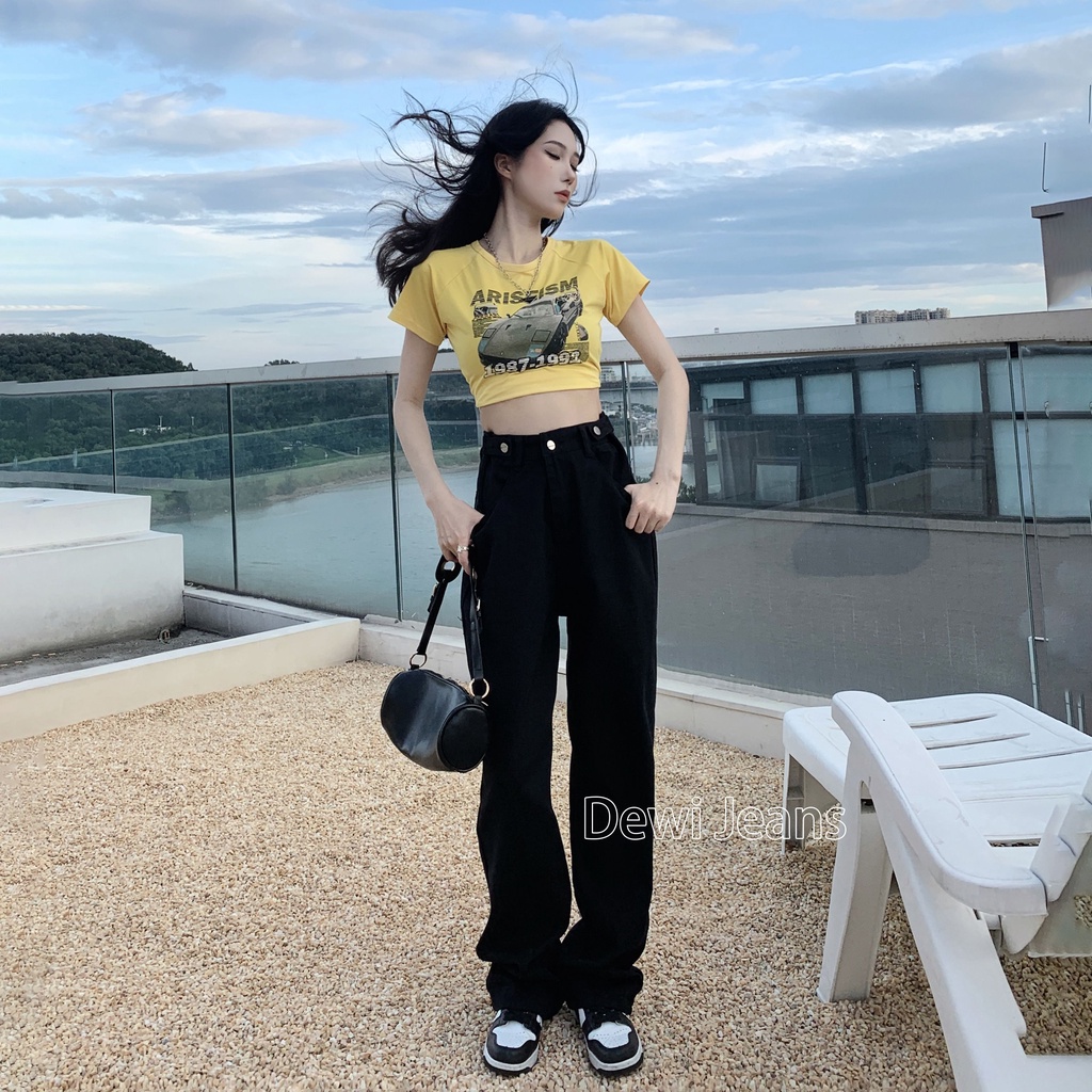 BISA COD  J37 Jeans Celana Kulot Jeans Wanita Hitam Gaya Jalanan Boyfriend