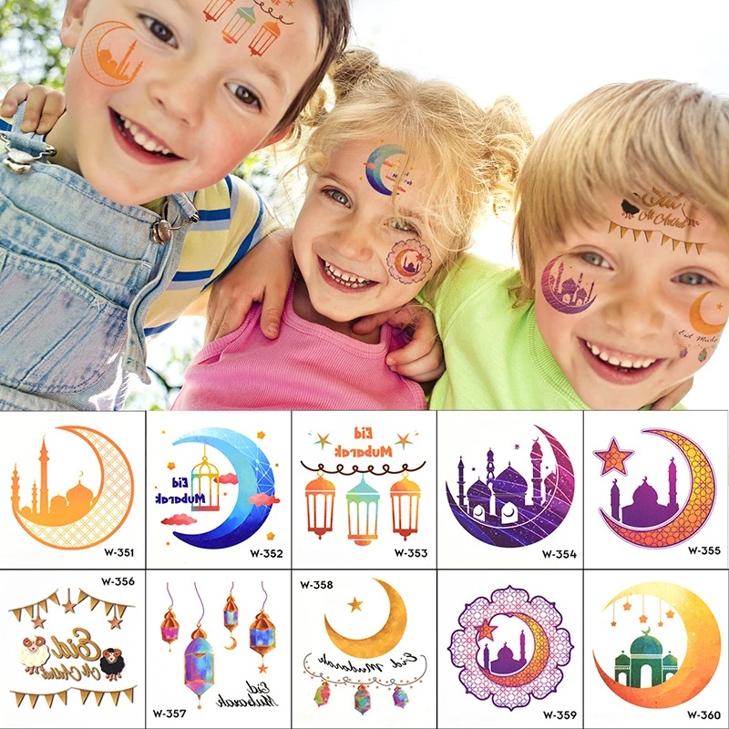 3 / 10Pcs Eid Mubarak Temporary Tattoo Stickers Islamic Muslim Party Supplies Ramadan Kareem Decorative Tattoo for Kids Adults