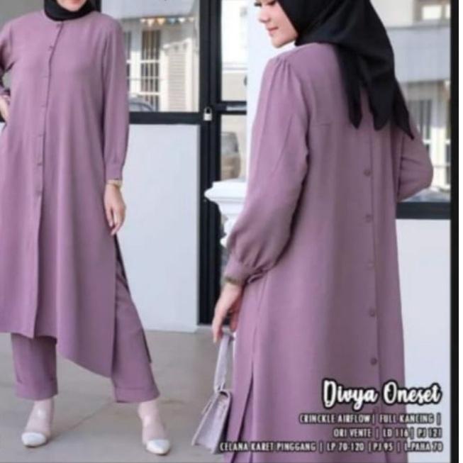 Grosiran Murah Stelan Long Tunik Divya Cringkle Kemeja Kancing Depan Belakang/One Set Divya Cringkle
