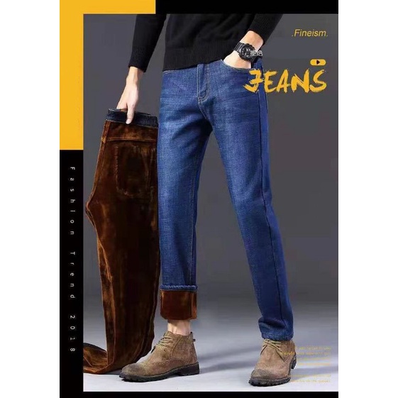 Celana Jeans Musim Dingin pria laki laki / Thermal Bagian dalam Bulu2 halus Penahan Dingin