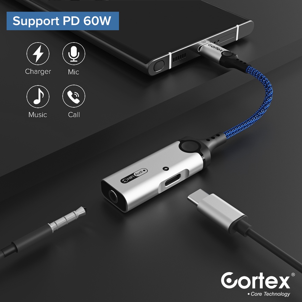 Cortex MH341 USB-C Splitter 2in1 Type-C to Charging + 3.5mm Audio Open Mic 60W Charging Adapter