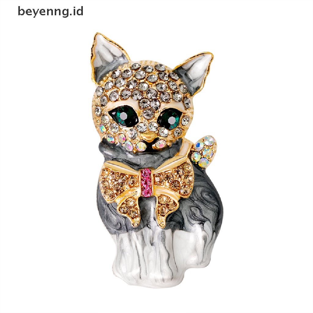 Beyen Baru Enamel Kristal Mata Hijau Kartun Kucing Bros Pin Perhiasan Tas Ornamen Hadiah ID