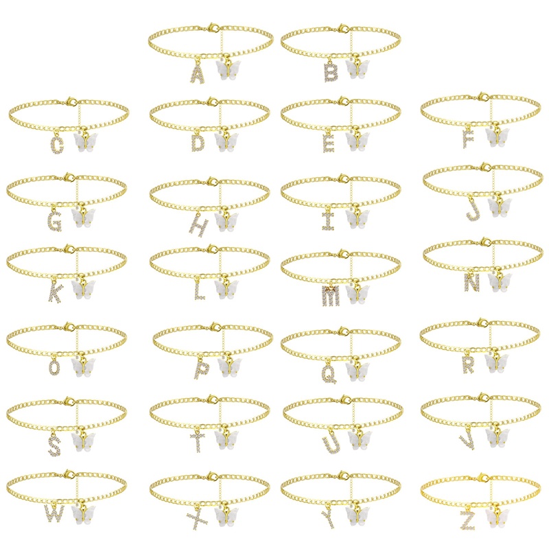 Gelang Kaki Inisial Kupu-Kupu Handmade Rantai Kuba Kupu Putih 26huruf Initial Anklets Pantai Perhiasan Kado Wanita Remaja Perempuan