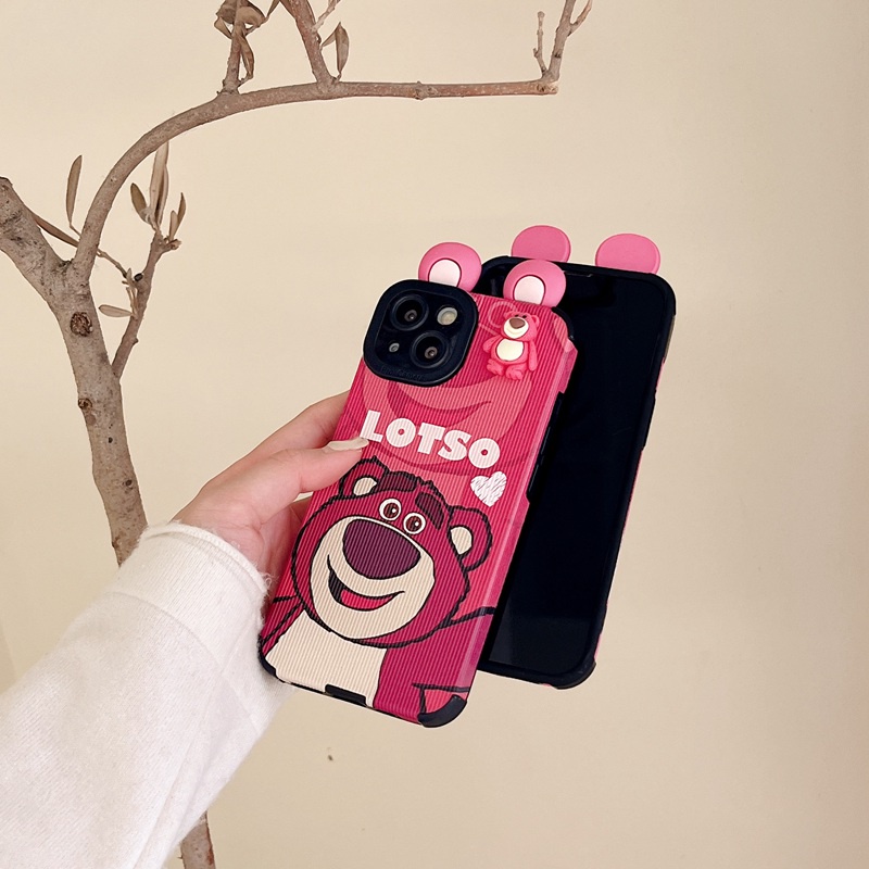 IPHONE Boneka 3D Motif Kuping Beruang Pink Rose Merah Kartun Manyo Soft Case HP iP Iphone7 8 14+Plus SE 2020 X XS XR 11 12 13 14 Pro Max Cewek Casing Apple