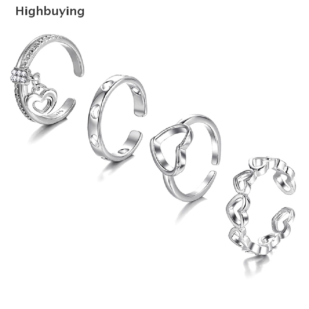 Hbid 4pcs/set Cincin Perak Romantis Hati Cinta Pembukaan Cincin Untuk Wanita Hadiah Pesta Pernikahan Fine Jewelry Glory