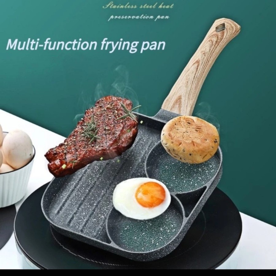 JUAL FRY PAN MARBLE INDUKSI GAGANG KAYU 3 LUBANG SEKAT 2 BULAT 1 KOTAK WAJAN TEFLON PANGGANGAN TELUR