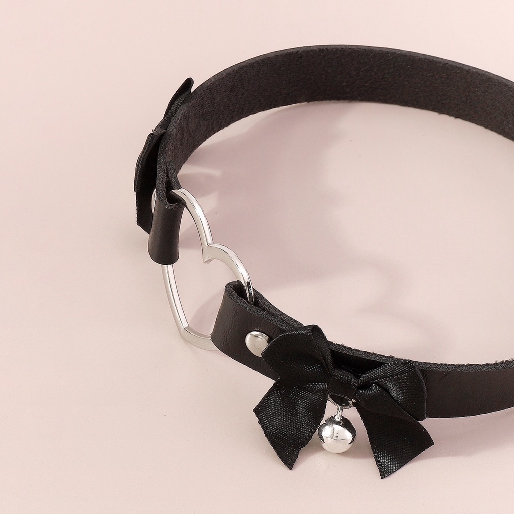 Harajuku Geometris Jantung Pu Leather Choker Untuk Wanita Double Ikatan Simpul Lonceng Kepribadian Kalung Perhiasan Hadiah Pesta