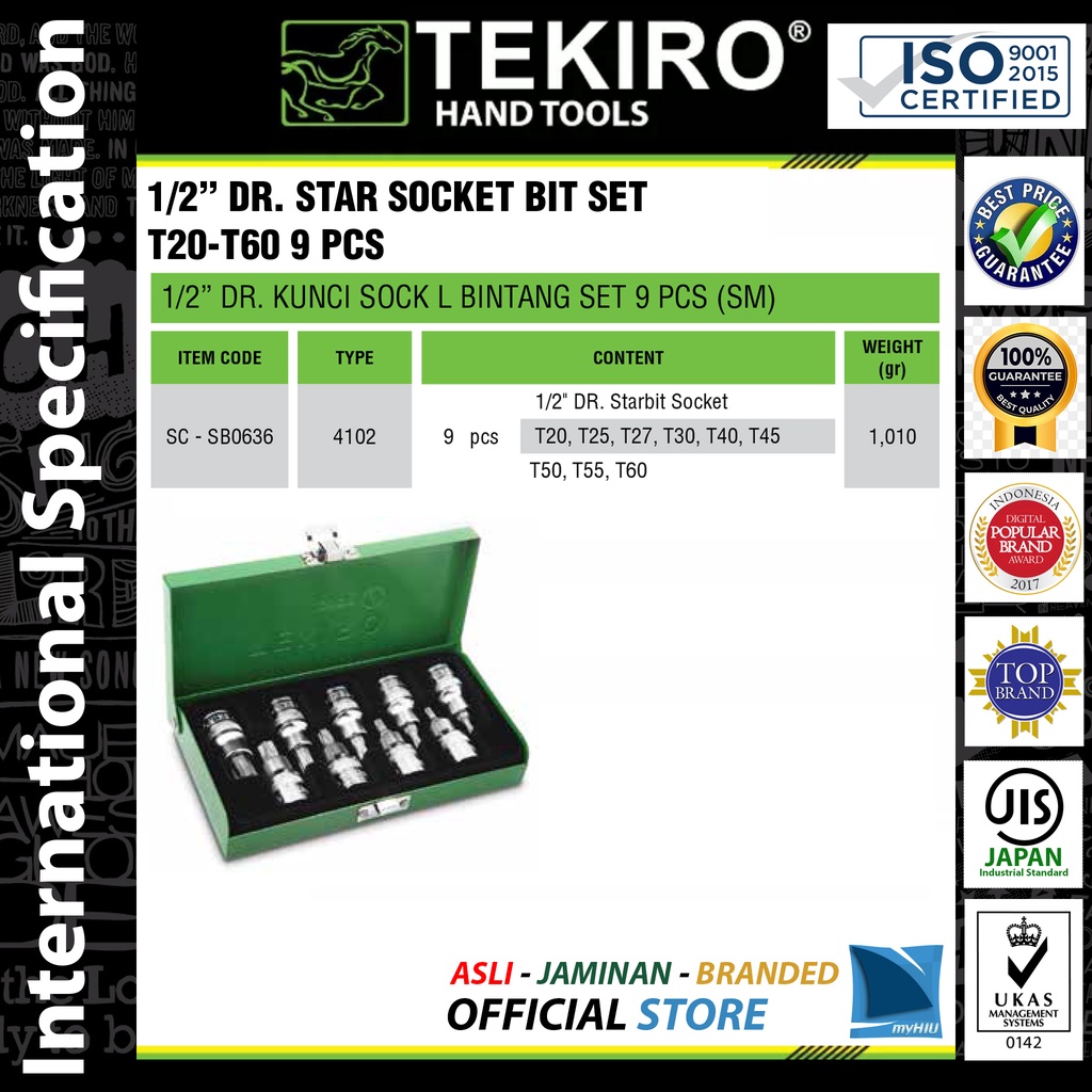 Kunci Soket Bintang PUKUL Isi 9 pcs 1/2&quot; inch DR. T20 ~ T60 / Starbit Sock Set Kotak Besi TEKIRO