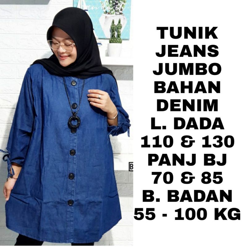 WK TUNIK JEANS WANITA JUMBO LD. 130 LD..110 BAJU ATASAN BLOUSE BIG SIZE LENGAN PANJANG MUSLIM