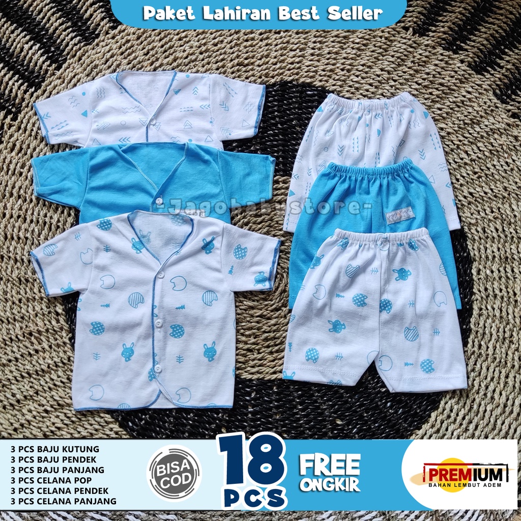 18 Pcs Baju Bayi Lembut Adem Motif Biru Muda Paket Lahiran Newborn