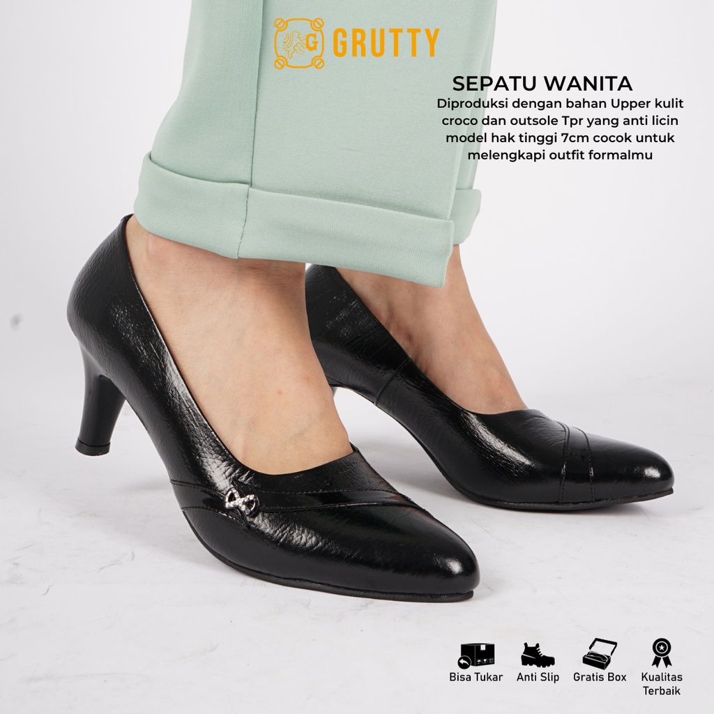 Grutty Sepatu Pantofel Wanita Hitam Kantor Kerja Terbaru Gebby Tinggi 7cm