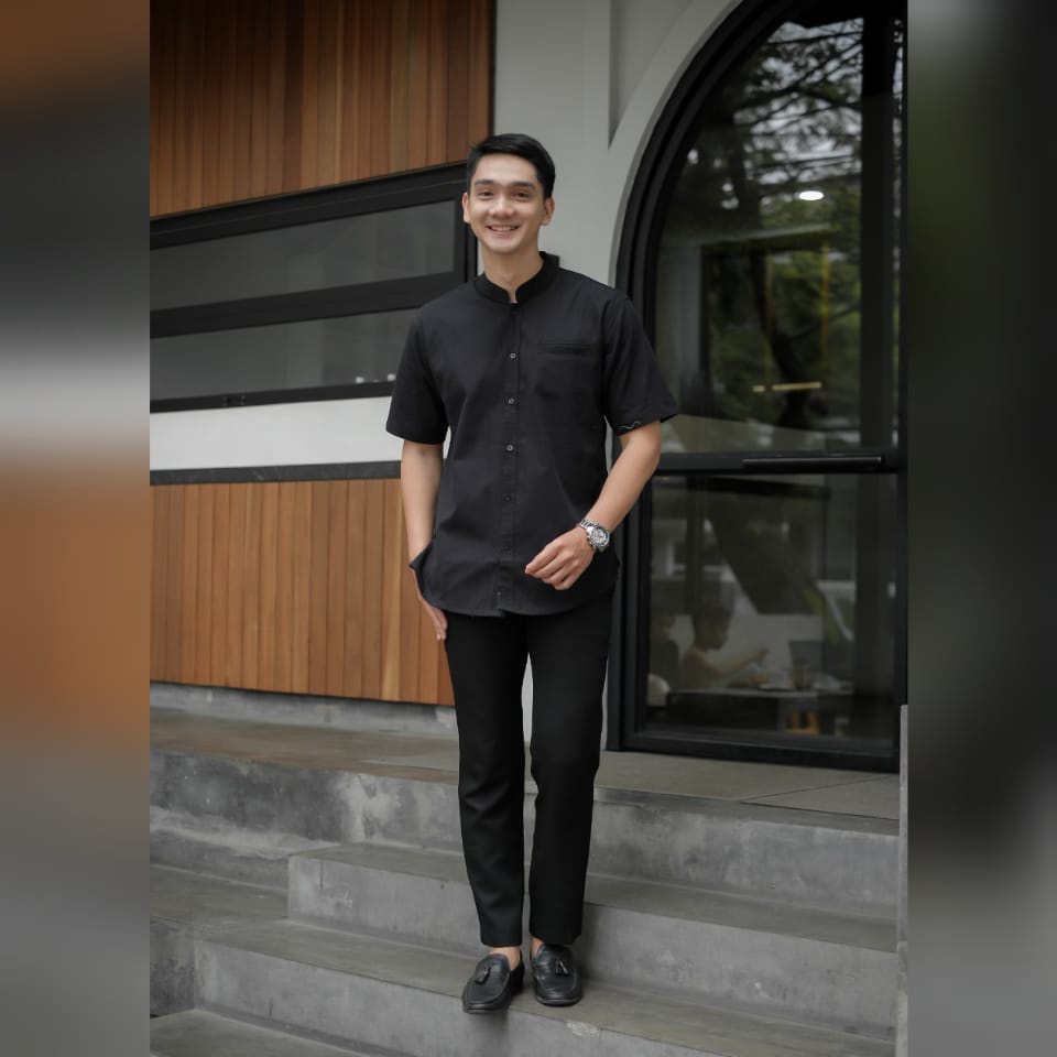 NESS baju muslim pria lengan pendek pakaian lebaran Kemeja Koko kurta dewasa premium terbaru 2023 Alvaro HITAM