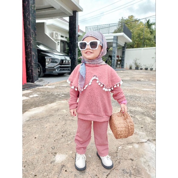 2-6 Tahun ONE SET MUBERRY KNIT | Setelan Anak Perempuan Bahan Knit Premium | Setelan pompom Lucu