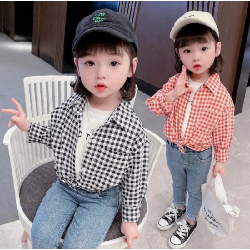 A655 Kemeja Anak Perempuan, Kemeja Kotak-kotak Anak Perempuan, Kemeja Hitam Anak, Kemeja Merah Anak