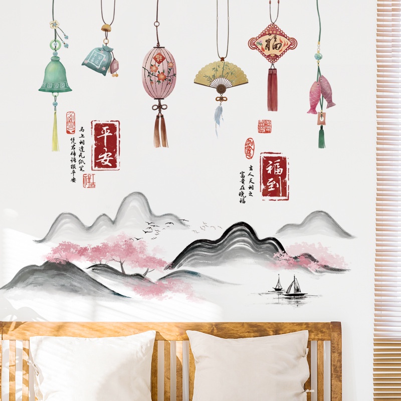 Gaya Cina Cina Simpul Latar Belakang Yang Dapat Dilepas Stiker Dinding Restoran Ruang Tamu Tahan Air Self-adhesive Landscape Wallpaper