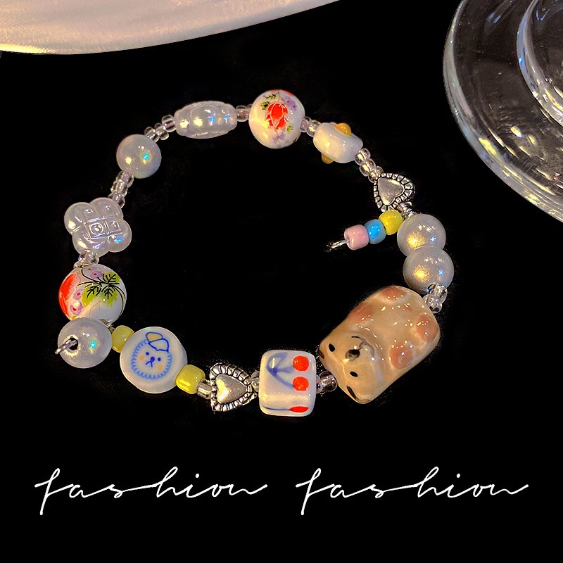 YEEZII Gelang Batu Porselen Kartun Resin Beruang Hati Rantai Bracelets Untuk Aksesoris Perhiasan Wanita
