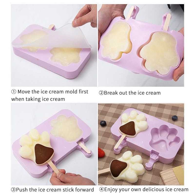 (BISA COD) FTIHSHP SJ Cetakan Es Krim 2 Hole Silicone Mold Dessert Dog Paw with 50 Sticks - JSC84