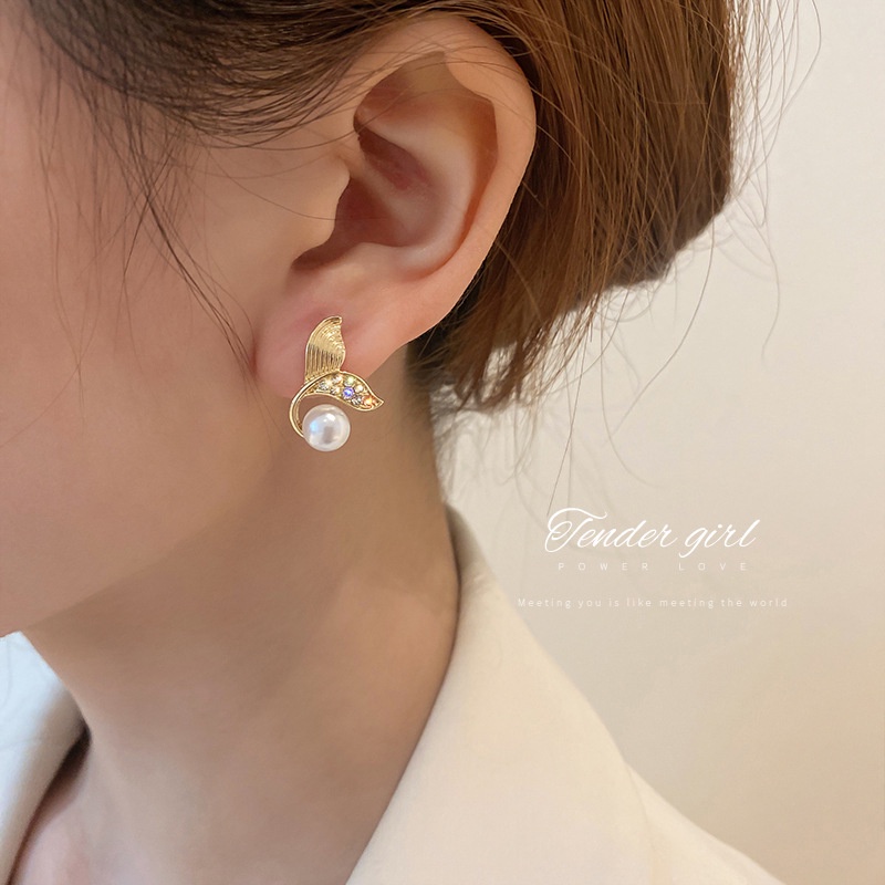 Baru Mermaid Fishtail Mutiara S925 Perak Disepuh Earring Ear Studs Untuk Gadis Manis