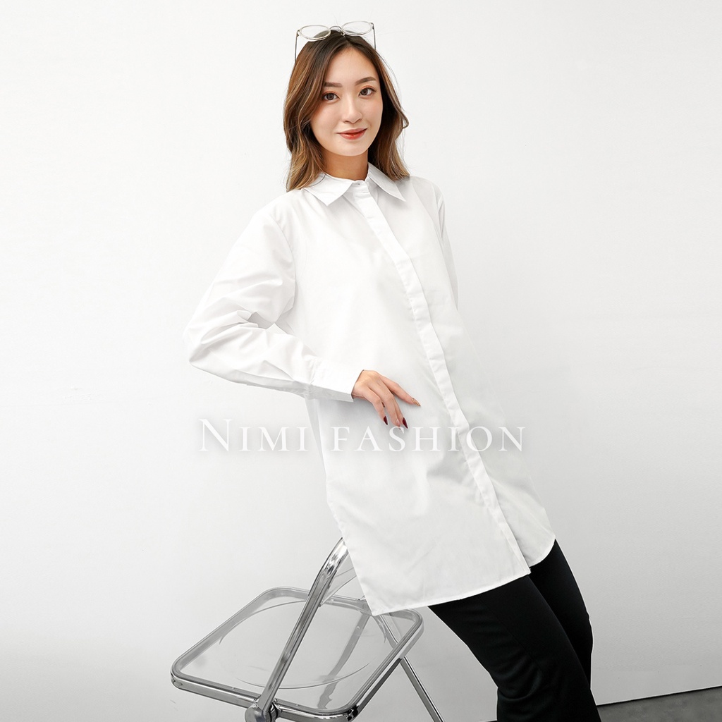 NIMI - Kemeja Putih Panjang Wanita Kemeja Tunik Putih Polos