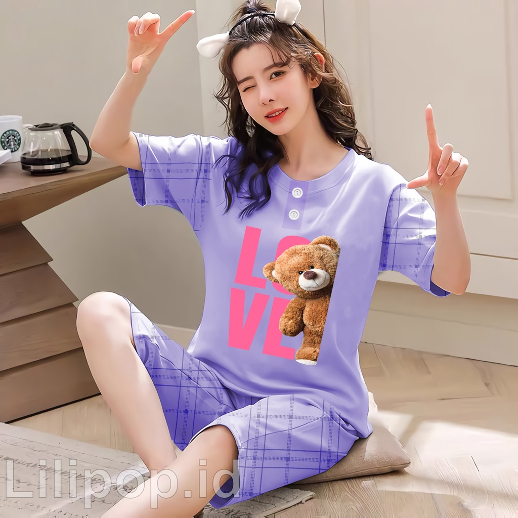 Lilipop.id  Baju Tidur Wanita Love bear pants Celana Pendek Allsize Baby Doll Bahan Kaos Dewasa