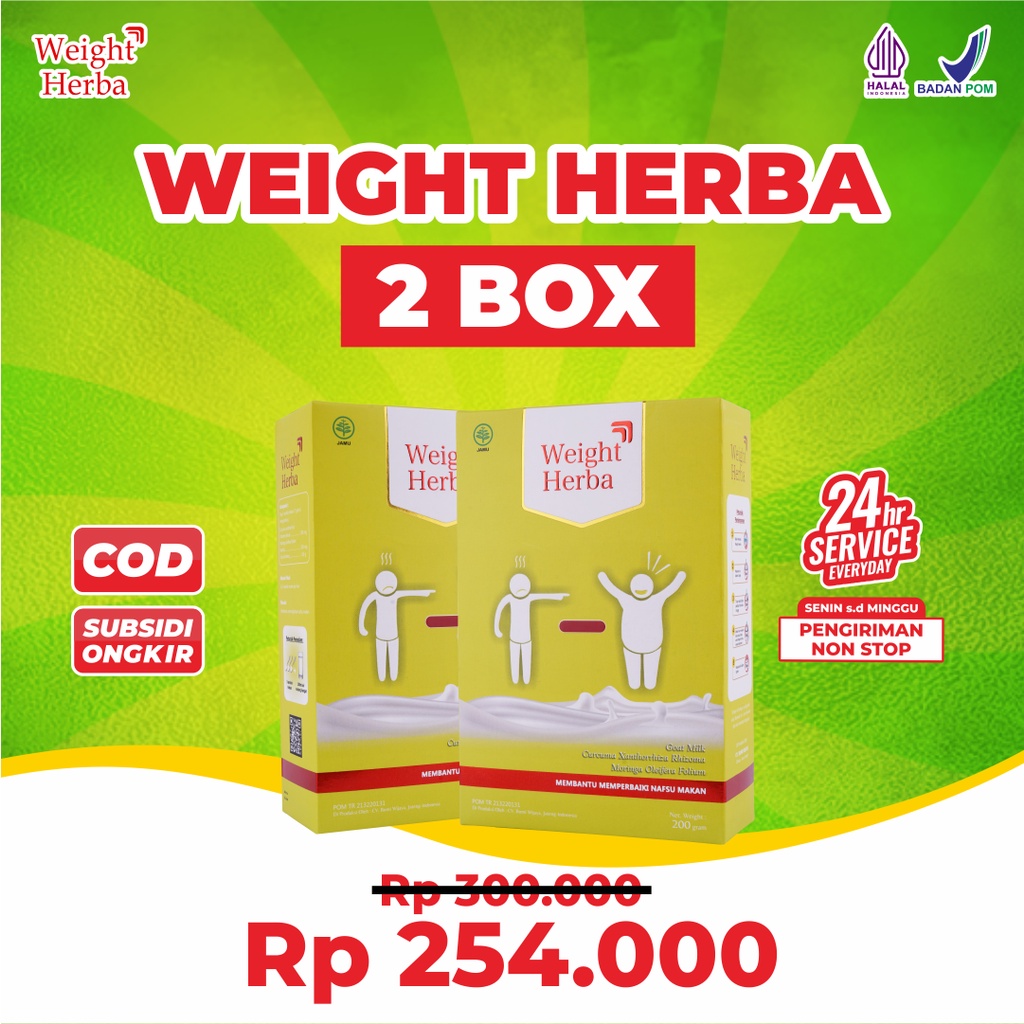 

Weight Herba 2 Box 100% Original Susu Penggemuk Penambah Berat Badan & Nafsu Makan Tingkatkan Kalori Kualitas Tinggi & Menambah Protein Terbaik Isi 200gr