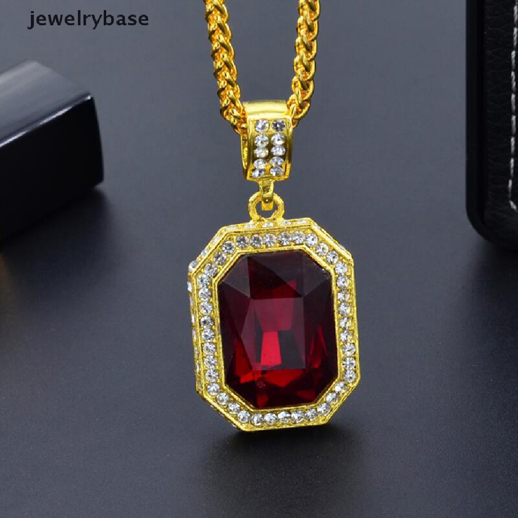 [jewelrybase] Bertatahkan Berlian Persegi Ruby Kalung Hip Hop Pria Liontin Batu Merah Liontin Vintage Perhiasan Kostum Aksesoris Butik