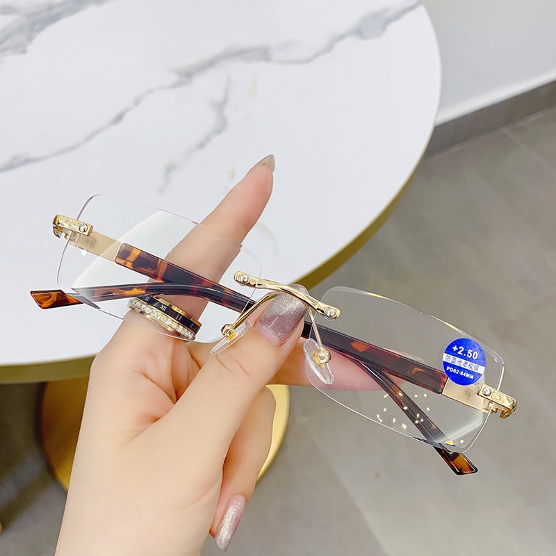 (YUZHU) Baru Bergaya Logam Frameless Anti Blue Light Kacamata Baca Persegi Panjang HD Plus Kacamata Pria